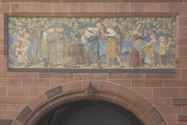 Mural of harvest time, wine culture, grapes, cider, workers, harvest, harvesting, scene, vintner,
