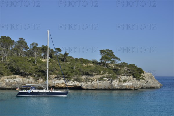 Sailboat in the bay of Cala Mondragó, Majorca, Balearic Islands, Spain, Europe