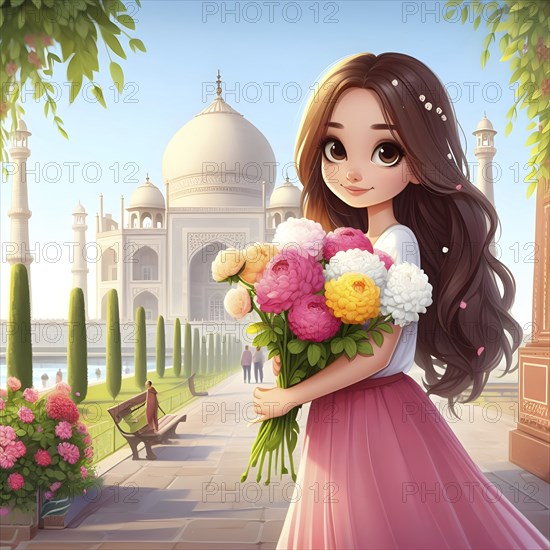 Cute anime girl with flowers near Tajmahal. AI generated
