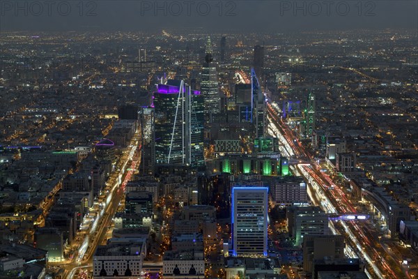 Panoramic view from the Sky Bridge, blue hour, Kingdom Center, Riyadh, Saudi Arabia, Asia