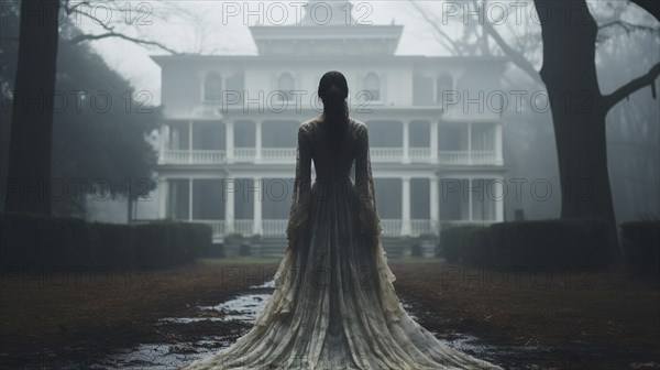 Eerie haunting ghostly female figure walking in front of a foggy southern plantation antebellum