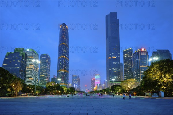 Guangzhou cityscape skyline Flower City Square illuminated in the evening. Guangzhou, China, Asia
