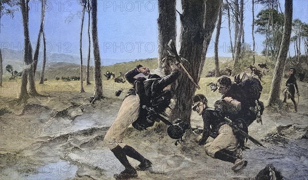 Volunteer guardsmen, soldiers, in 1813, advancing soldier is shot, Napoleonic Wars, Historic,