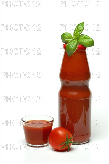 Tomato juice, bottle and glass, tomato, basil