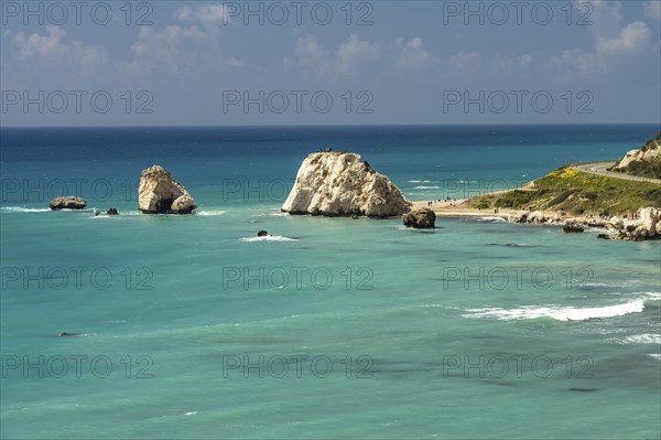 Petra tou Romiou, the Rock of Aphrodite on the coast in Kouklia near Paphos, Cyprus, Europe