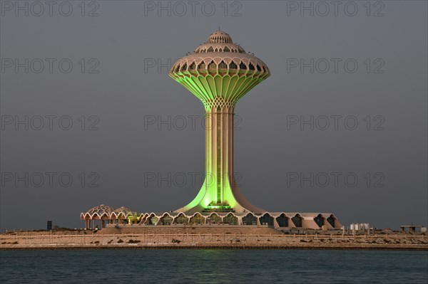 Illuminated water tower on the Corniche, blue hour, blue hour, Al Khobar, Ash Sharqiyah province,