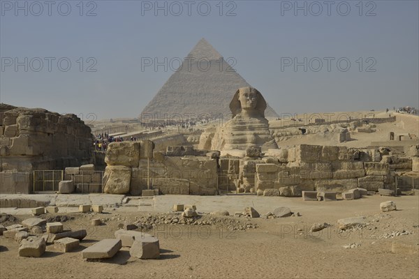 Sphinx or Great Sphinx of Giza, lion with a human head, built in the 4th Egyptian dynasty around
