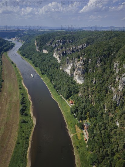 Aerial view of Rathen on the Elbe with the rocks of the Basteige area and the new viewing platform
