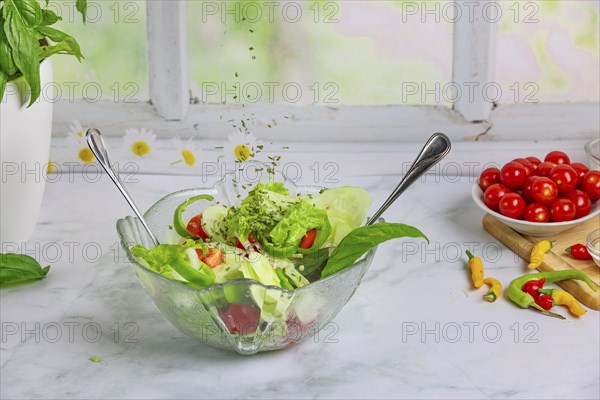 Chives fall on mixed salad in glass bowl, tomatoes and pepperoni in background