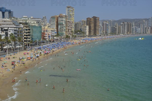 Bathers in front of big hotels on Playa Levante, Benidorm, Costa Blanca, Spain beach