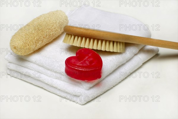 Rose soap, towel, sponge and brush, brush, rose soap