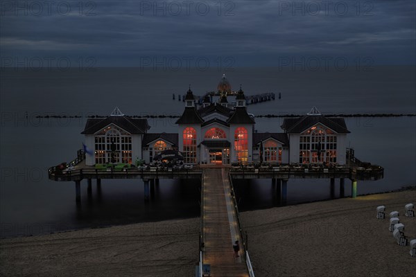 Sellin pier at dusk, view from above, long exposure, Baltic resort Sellin, Rügen Island,