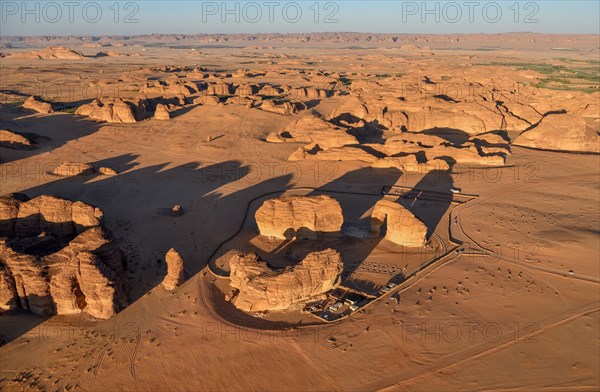 Elephant Rock or Elephant Rock, blue hour, aerial view, AlUla, Medina Province, Saudi Arabia,