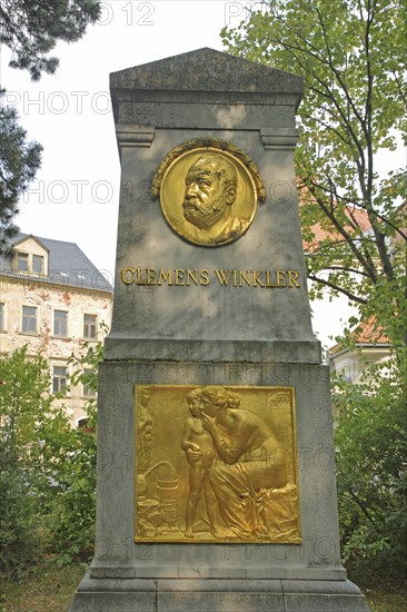Monument with golden medallion and relief to chemist Clemens Winkler, Freiberg, Clemens Winkler,