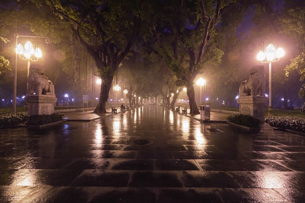 Guangzhou People's Park with mist fog at night. Guangzhou, China, Asia