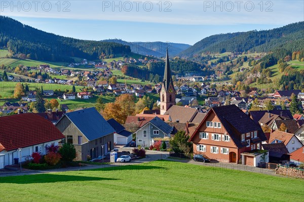 View of Baiersbronn with St. Mary's Church, Freudenstadt district, Black Forest, Baden-Württemberg,