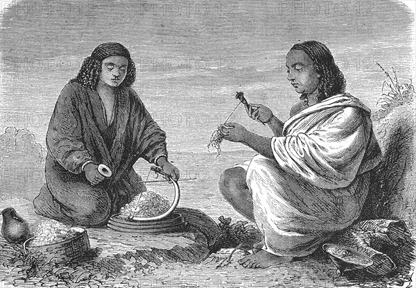 Abyssinia, a woman from Galla and a woman from Gondar spinning wool, 1869, Ethiopia, Historic,