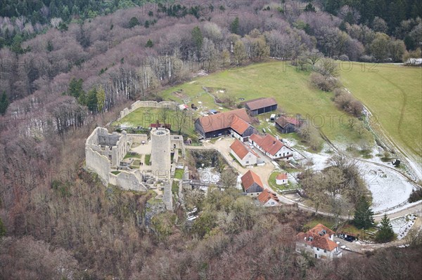 Aerial view of the area around Neumarkt and the castle ruins of Wolfstein, Upper Palatinate,