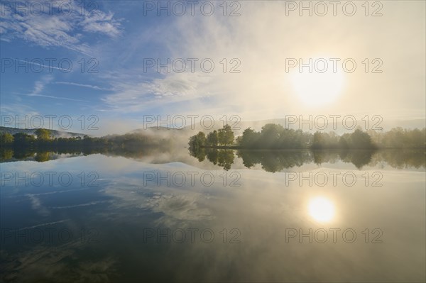 Lake, reflection, sky, clouds, fog, sunrise, autumn, Freudenberg, Odenwald, Baden-Württemberg,