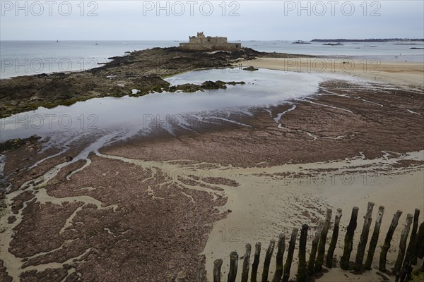 Fort National with mudflats at low tide on a tidal island off Saint-Malo, Ille-et-Vilaine,