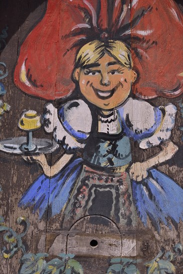 Advertising sign for Alsatian wine at a restaurant, Alsace Wine Route, Oberehnheim, Alsace, France,