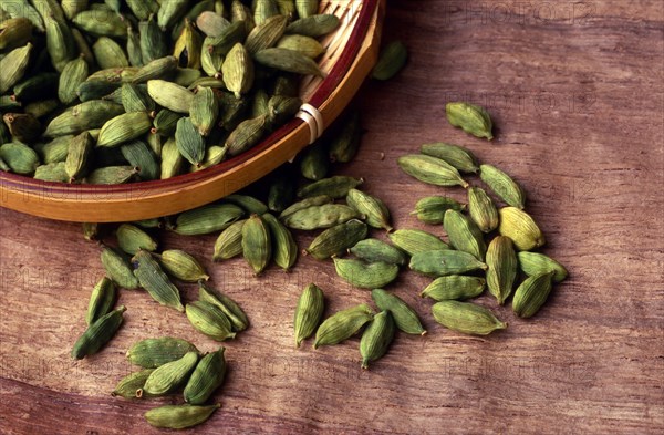 Cardamom (Elettaria cardamomum) in shell, seed capsules, seed capsule