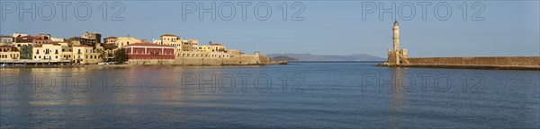 Panorama shot, Venetian old town, Venetian harbour, Venetian lighthouse, calm sea, blue sea,