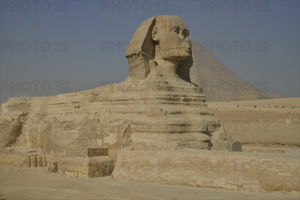 Sphinx or Great Sphinx of Giza, lion with a human head, built in the 4th Egyptian dynasty around