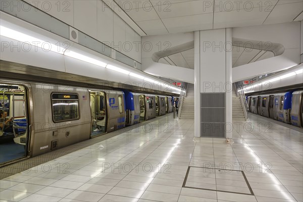 PATH Port Authority Trans-Hudson commuter train at the World Trade Centre WTC station in New York,