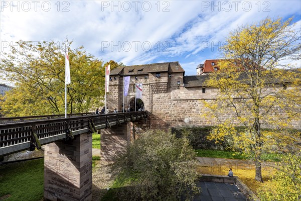 Bridge at Frauentor, Old City Wall at Handwerkerhof, in autumn, Nuremberg, Middle Franconia,