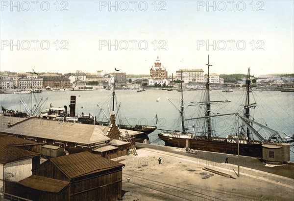 The Russian Cathedral and Harbour, Helsingfors, Russia, now Helsinki, Finland, c. 1890, Historic,