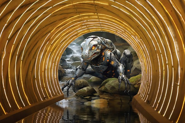 Giant salamander entering a flooded tunnel, AI generated
