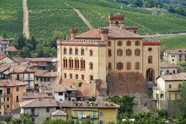 The town of Barolo with its castle, Castello di Barolo, seat of the Enoteca Barolo, province of