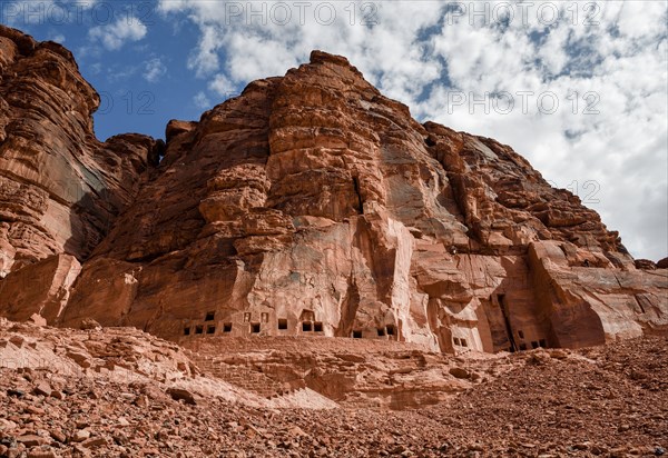 Lion tombs in the rocks of al-Khuraybah, Dadan or Dedan, near AlUla, Medina Province, Saudi Arabia,