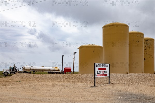 Maljamir, New Mexico, Tanks hold brine water for disposal in the Permian Basin oil fields. The