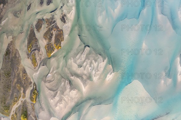 Aerial view, river delta with islands, river Glomåga, Mo i Rana, Norway, Europe