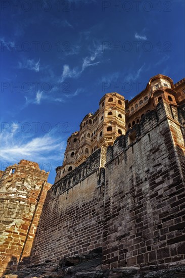 Mehrangarh fort famous indian tourist landmark view from below. Jodhpur, Rajashtan, India, Asia