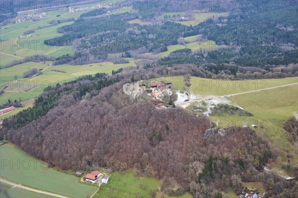 Aerial view of the area around Neumarkt and the castle ruins of Wolfstein, Upper Palatinate,