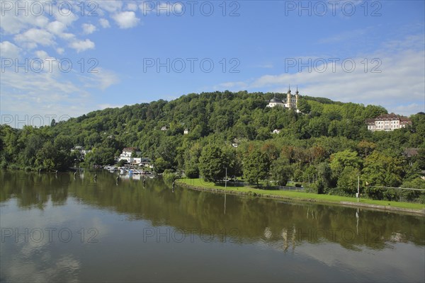 View of the Käppele pilgrimage church built by Balthasar Neumann and reflection in the Main River,