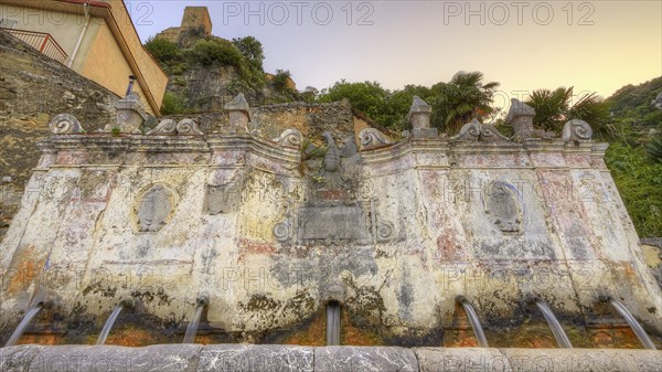 HDR, fountain, super wide angle shot, frontal vou down, morning light, Alcara li Fusi, village,