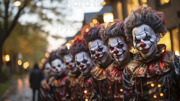Several teenagers dressed up as clowns for halloween walking down the sidewalk together, generative