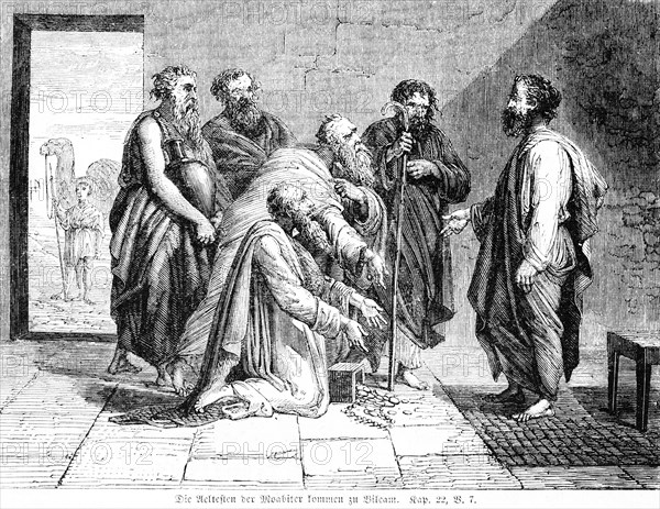 The elders of Moab come to Balaam, group, old men, princes, gold, greed, kneel, age, divination,