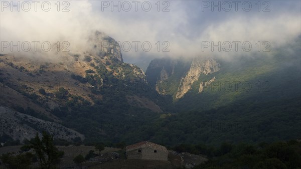 Fog, mountains, valley, green meadows, hut, light and shade, Madonie National Park, spring, Sicily,