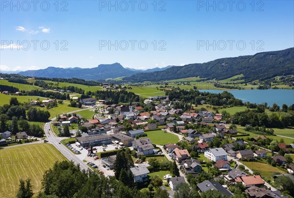 Drone shot, Zell am moss am Irrsee, Salzkammergut, Upper Austria, Austria, Europe