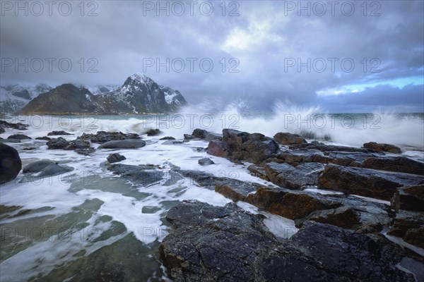 Waves crushing on rocks on rocky coast of fjord of Norwegian sea in winter. Lofoten islands,