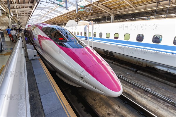 Shinkansen Hello Kitty train type 500 high-speed train of Japan Rail JR West at Shin-Kobe station