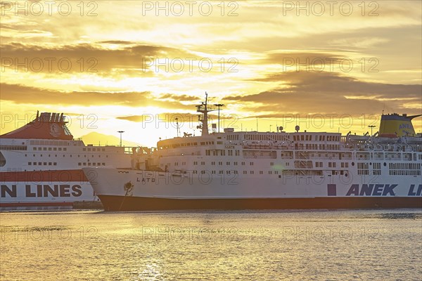 Backlight, ferries, ANEK, Minoan Lines, dramatic cloudy sky, harbour, Heraklion, capital, island of