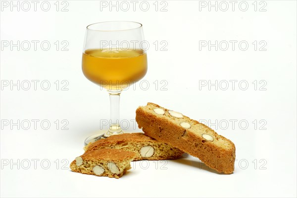 Glass Vin Santo and Cantuccini, biscuits, pastries, wine, almond biscuits from Tuscany, Italy,