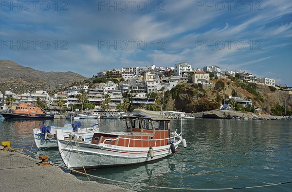 Fishing boats overlooking Agia Galini, Crete, Greece, Europe
