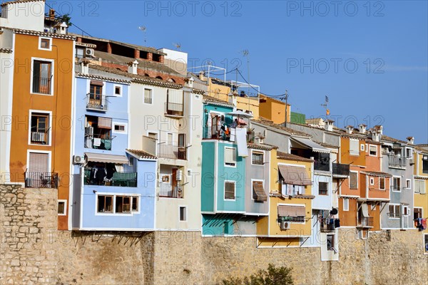 Colourful house facades, La Vila Joiosa, Villajoiosa, Costa Blanca, Valencian Country, Spain,